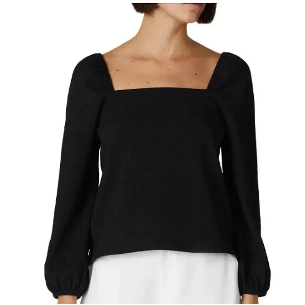 Madewell Womens Black Square Neck Puff Sleeve Crepe Top Size Med Minimalist Goth